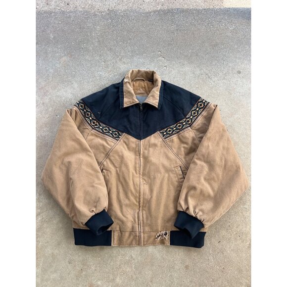 Vintage Western-Style Brown & Black Canvas Jacket W/ Aztec Pattern Size L